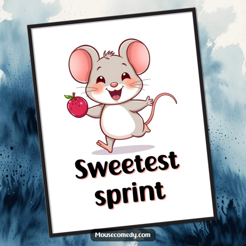 Funny mouse poster showcasing a cheerful mouse with a joyful squeak running with a ripe berry, symbolizing happiness.
