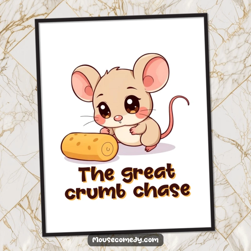 Funny Mouse Poster: This wall art features a mouse with comically wide eyes, intensely pursuing a single, elusive rolling crumb.