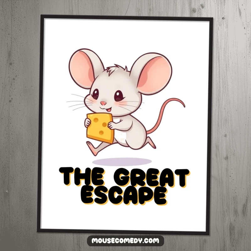 Funny mouse poster showcasing a tiny mouse with ridiculously large ears in a mad dash to capture a delectable slice of cheese.