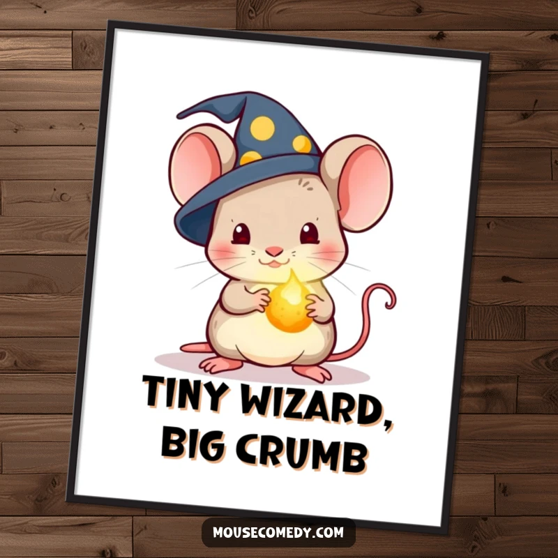 Funny Kawaii Wizard Mouse Poster: Artwork of a mouse in a wizard hat holding a glowing crumb, casting a magical spell.
