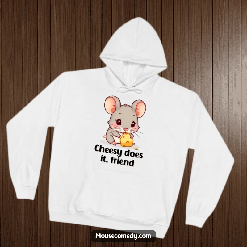 Funny hoodie depicting a content mouse in a cozy setting, happily enjoying a small piece of delicious cheese, a warm embrace.