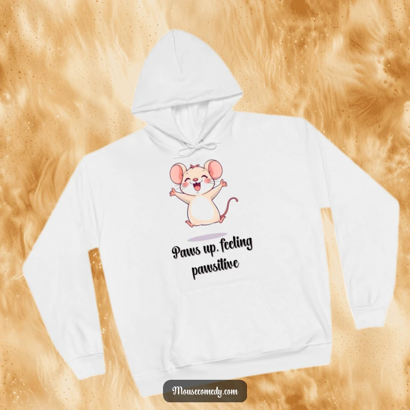 Funny mouse hoodie featuring a joyful mouse in mid-air leap, paws outstretched, exuding absolute delight and playful energy, a cozy treat.
