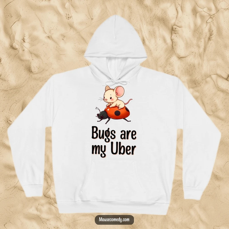 Funny tiny mouse enjoying a ride on a ladybug's back, featured on a comfortable, warm hoodie.