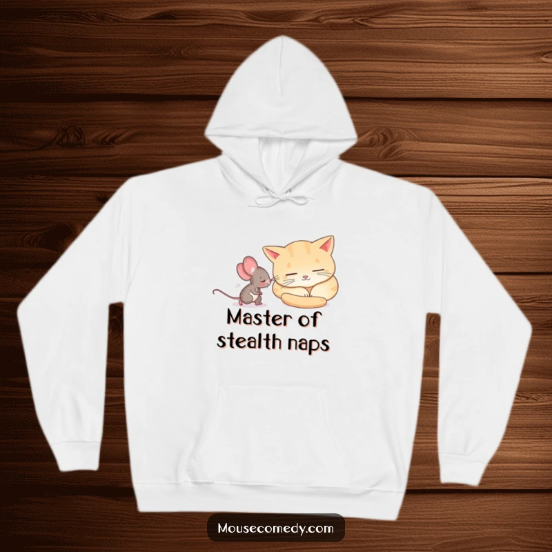 Funny mouse tiptoeing stealthily by a snoozing cat, depicted on a warm, comfortable hoodie.