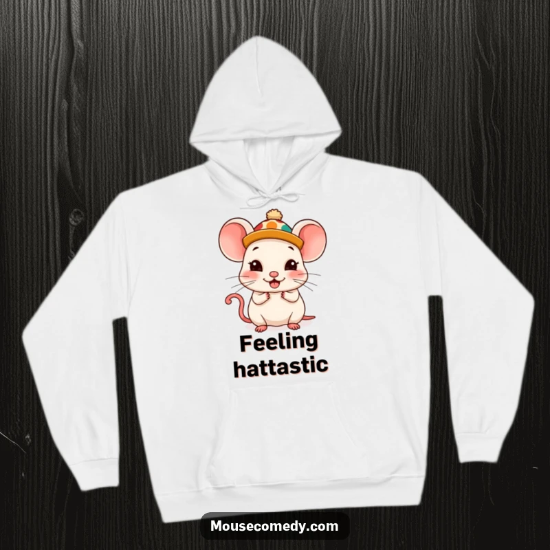 Funny Kawaii Mouse Hoodie: A cute mouse wearing a silly, oversized hat, with a smug and comically pleased expression.