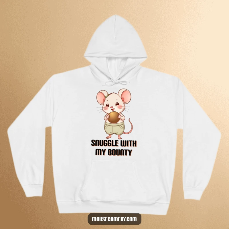 Funny Chubby Mouse Hoodie - A plump, happy mouse panting joyfully while carrying a large seed, showcasing its playful spirit and adorable girth for a comfy feel.