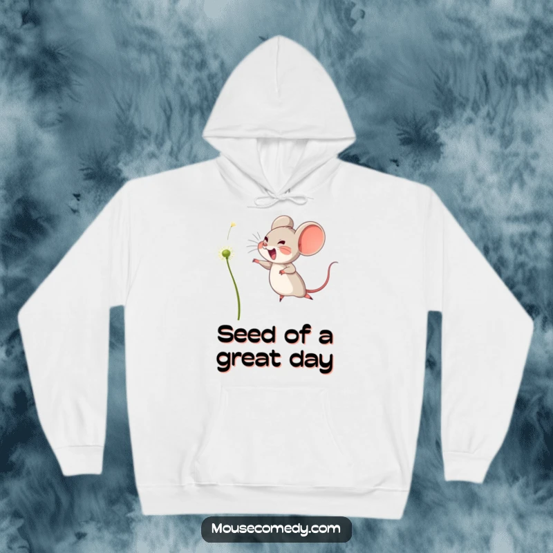 Funny hoodie depicting a joyful mouse leaping enthusiastically to catch a floating dandelion seed, radiating warmth and cheerful energy.