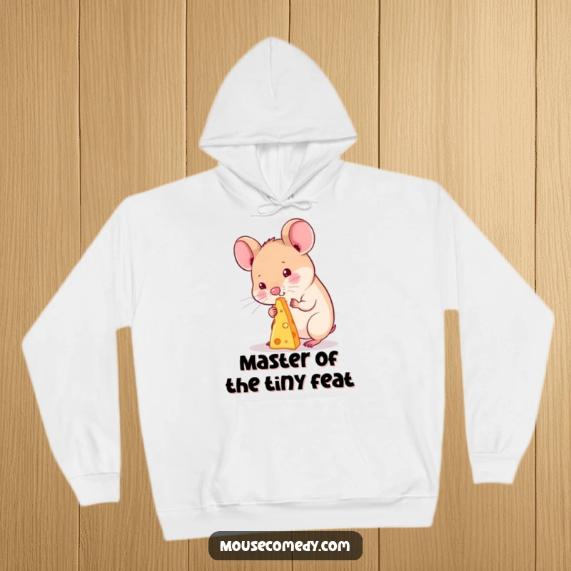 Funny kawaii mouse hoodie, showcasing a charming character attempting to balance a speck of cheese on its nose, exuding cuteness.