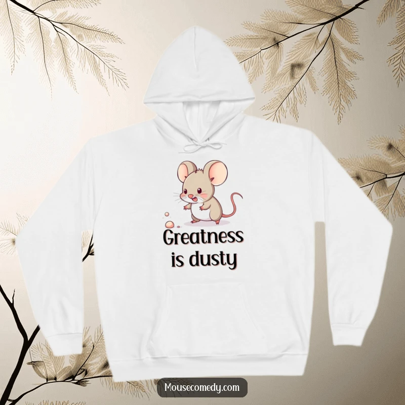Funny kawaii mouse enthusiastically chasing a tiny dust speck on a warm, comfortable hoodie.
