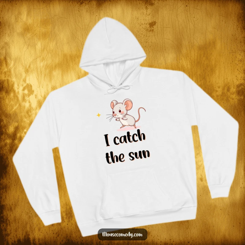 Funny Kawaii Mouse Hoodie: A cute, focused mouse in mid-air, playfully batting at a distinct beam of light.