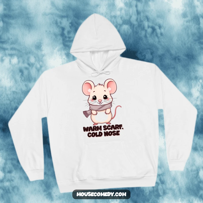 Funny kawaii mouse wearing a tiny scarf, exuding chilly happiness from a warm, plush hoodie.