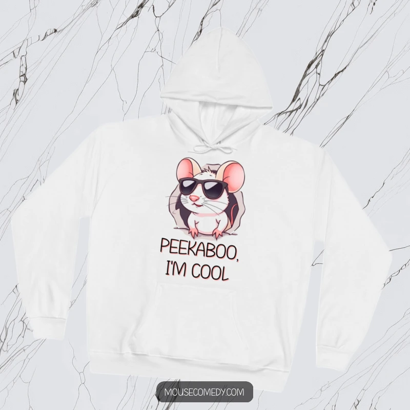 Funny kawaii mouse hoodie, featuring a charming mouse wearing sunglasses, peeking from a tiny hole, offering a hint of intrigue.