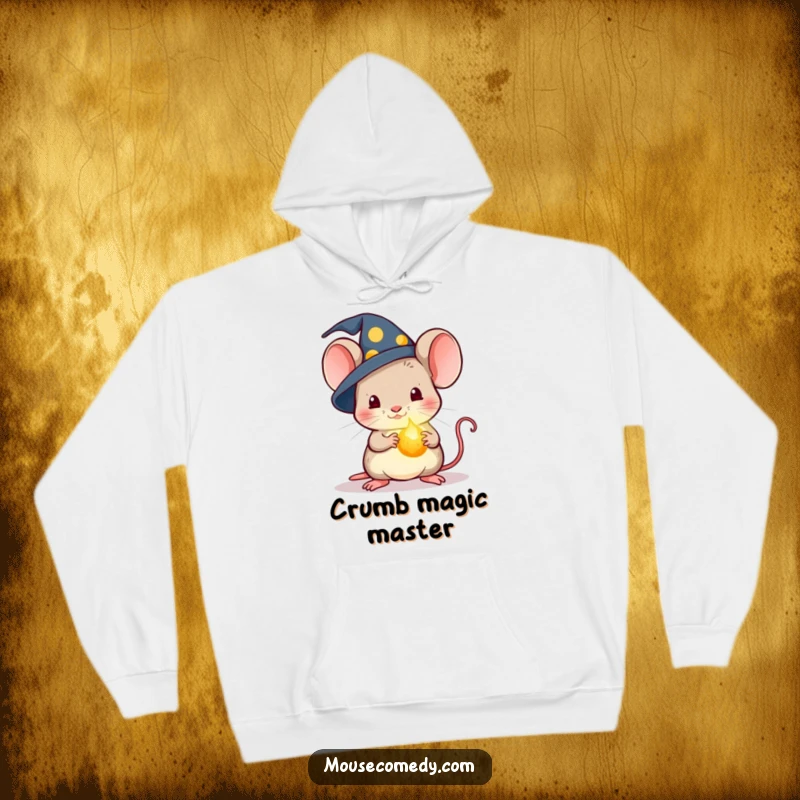 Funny Kawaii Wizard Mouse Hoodie: A cozy hoodie featuring a mouse in a wizard hat holding a glowing crumb.