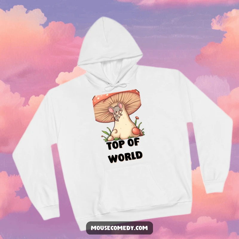 Funny tiny mouse hoodie, with a mischievous wink, climbing a giant mushroom, offering warmth and a sense of adventure.