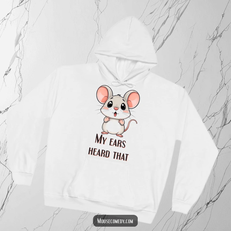Funny surprised mouse hoodie, ears straight up in shock, cozy apparel, cute rodent, funny gift idea.