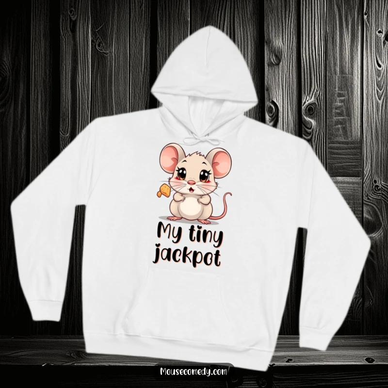 Funny Surprised Mouse Hoodie showcasing a mouse with wide, shocked eyes gazing up at a floating, sparkling crumb.