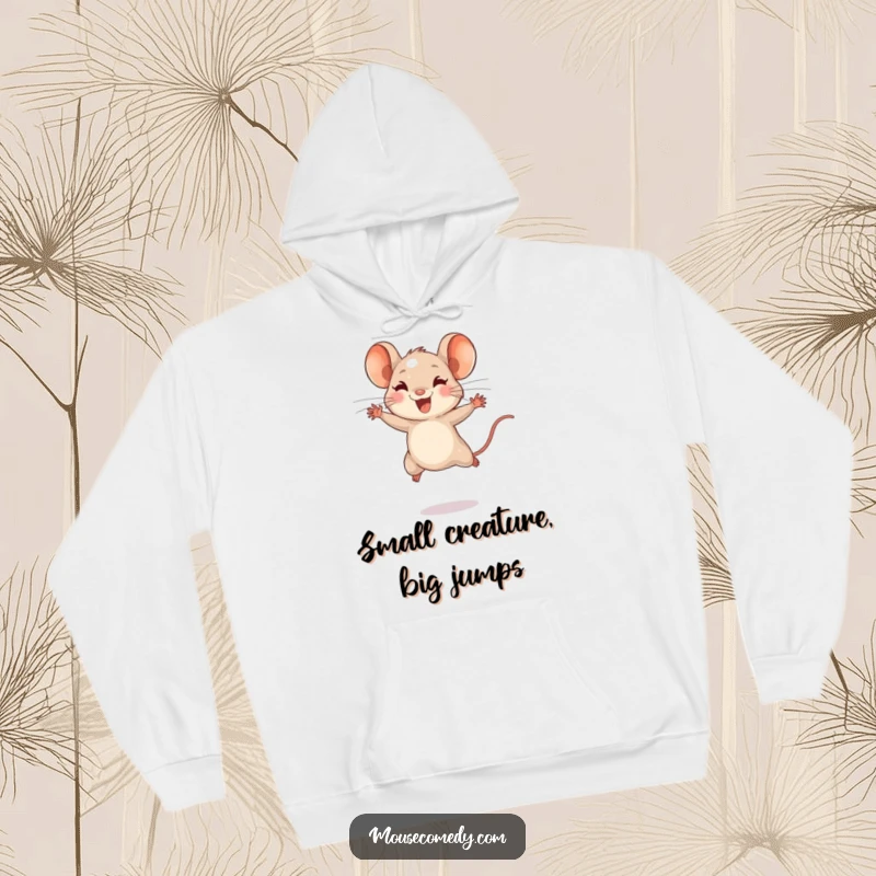 Funny hoodie design of a tiny mouse energetically leaping with joyful bounds, embodying pure happiness and movement.