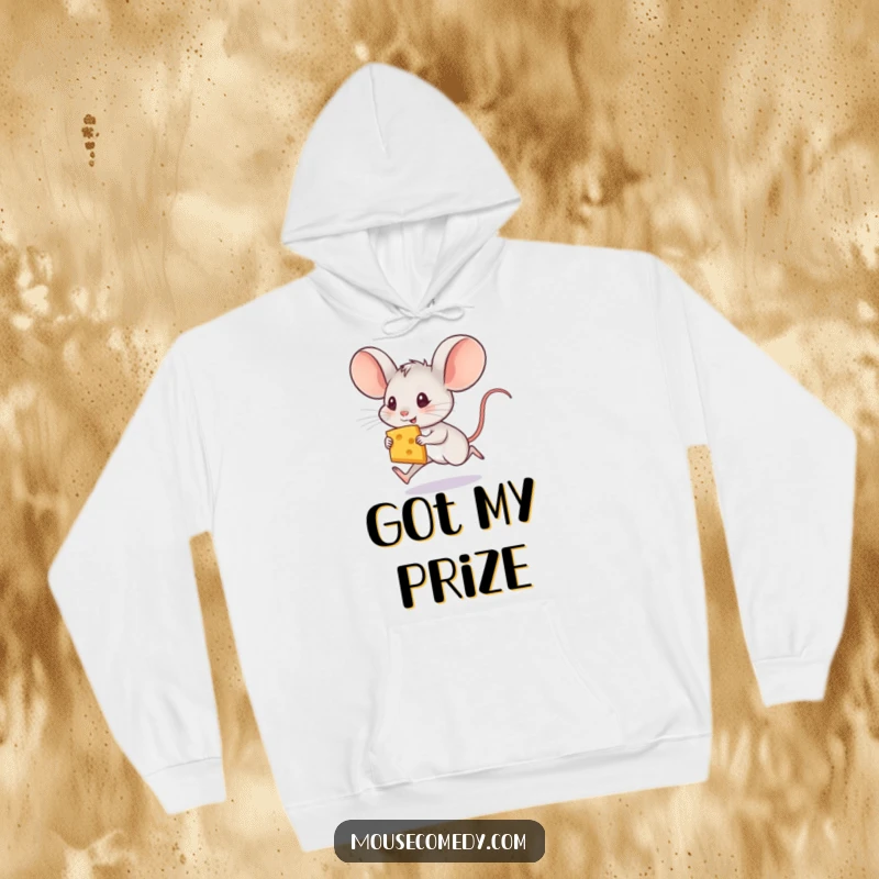 Funny mouse hoodie depicting a small, wide-eyed mouse with enormous ears sprinting joyfully with a delicious slice of cheese.