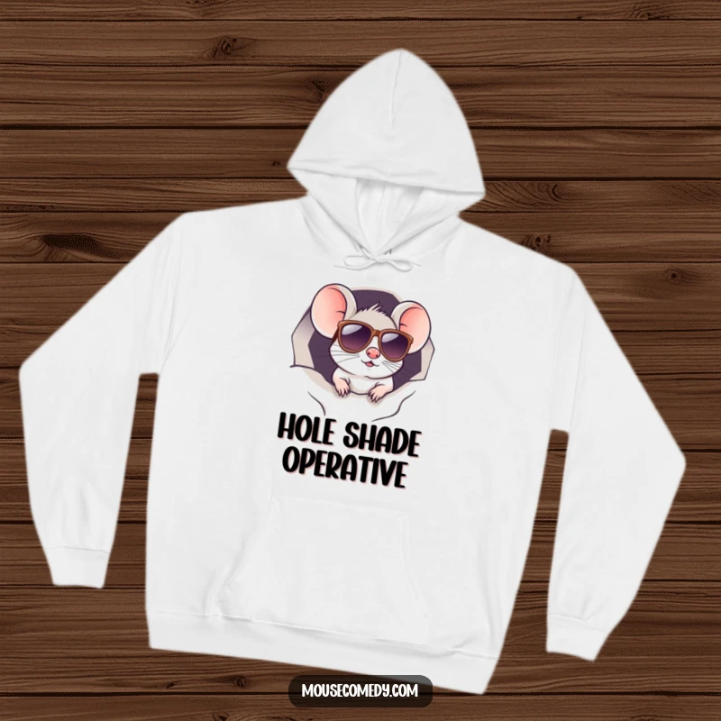 Funny kawaii mouse in sunglasses, peeking from a small hole, exuding mystery. Cozy and funny gift.