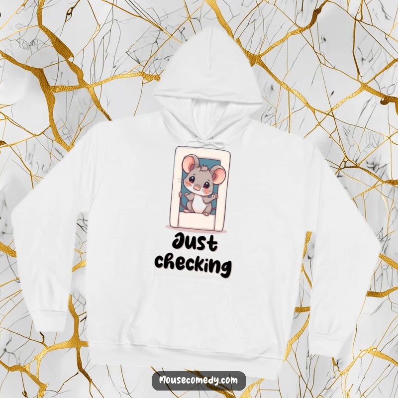 Funny curious mouse hoodie, depicting a small mouse with a tilted head peering out of a charmingly tiny door, for a cozy feel.