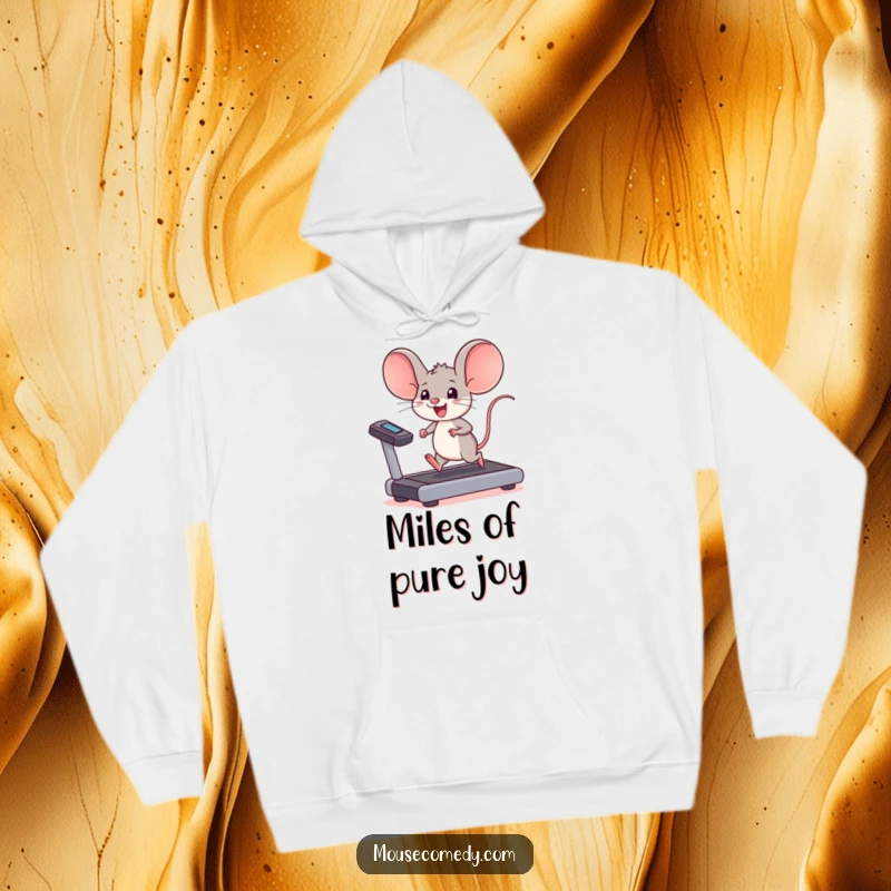 Funny kawaii mouse hoodie, a mouse with large ears joyfully running on a treadmill, cozy and motivational.