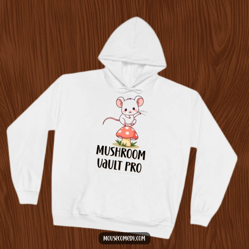 Funny kawaii mouse playfully jumping over a miniature mushroom, featured on a warm, comfortable hoodie.