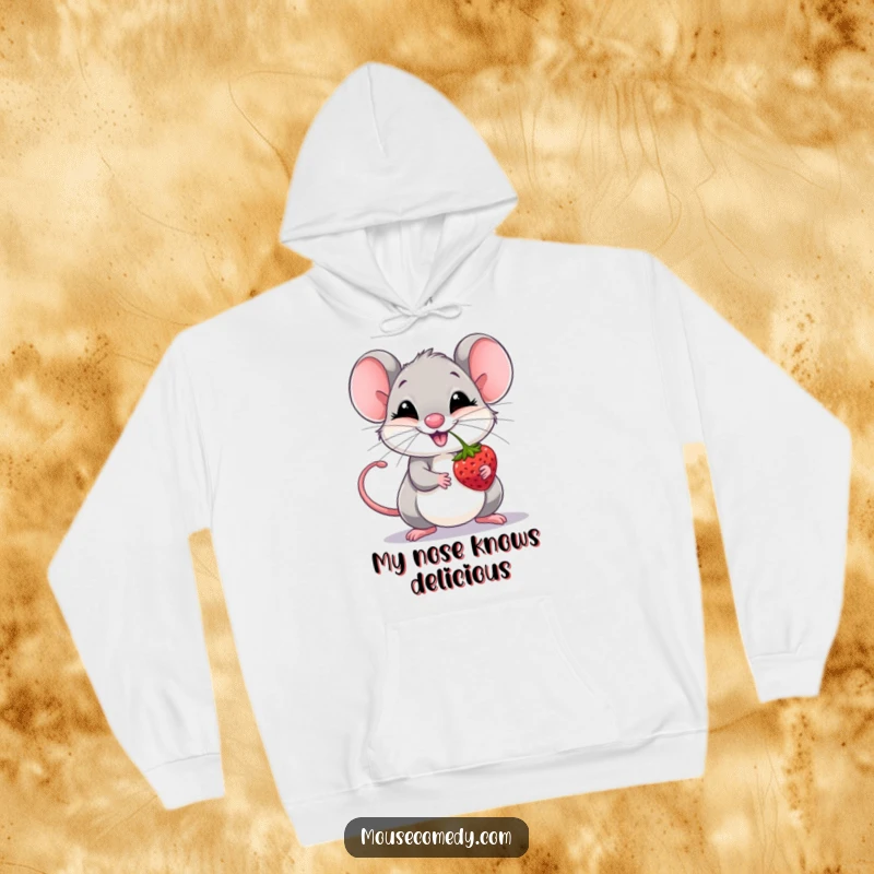 Funny giggling mouse balancing a berry on its nose, depicted on a comfortable, warm hoodie.