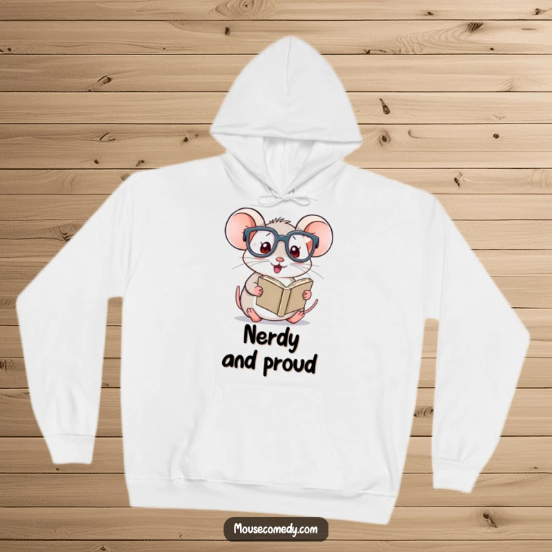Funny Kawaii Mouse Hoodie: Cute mouse with oversized glasses peeking out from a book, perfect cozy gift.