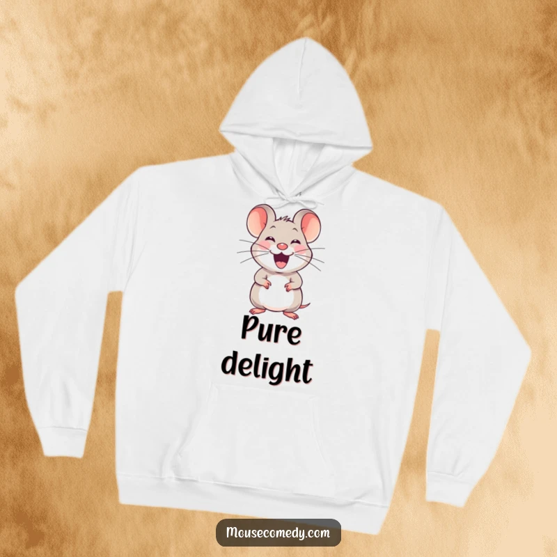 Funny joyful mouse hoodie, with a happy squeak, stretching its whiskers, offering comfort and a playful, cheerful vibe.
