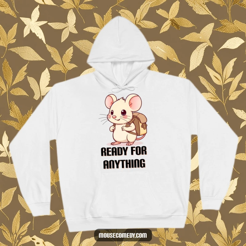 Funny Kawaii Mouse Hoodie: A cute mouse adorned with a tiny backpack, looking ready and excited for an upcoming adventure.