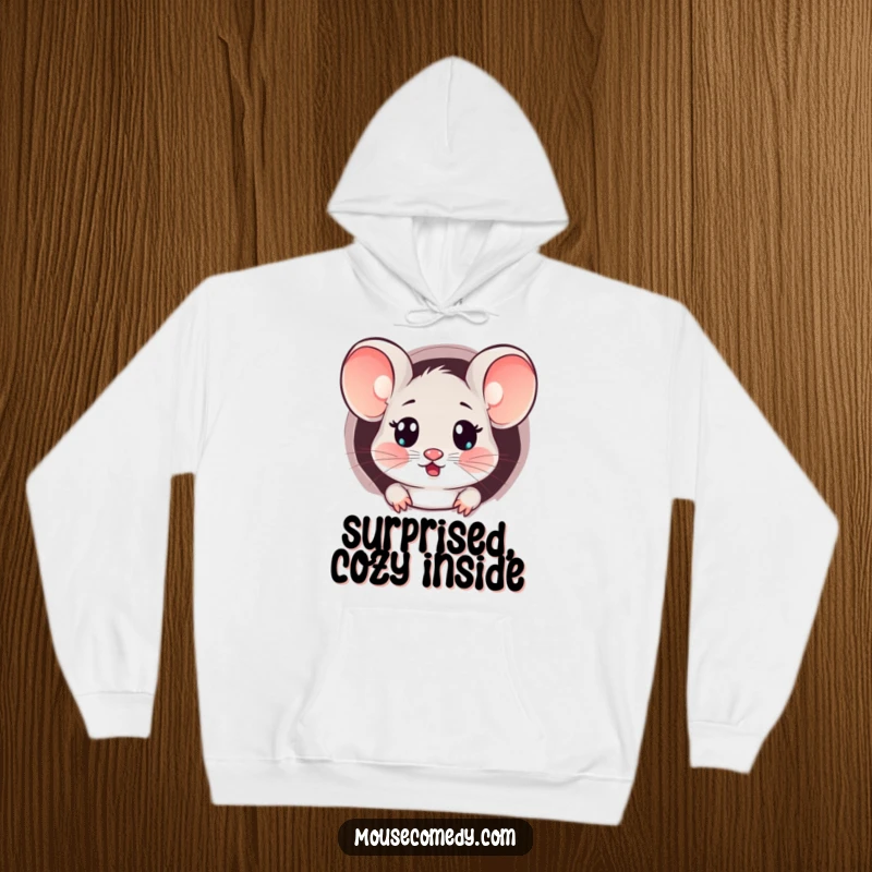 Funny Kawaii Surprised Mouse Hoodie: A cozy hoodie featuring a mouse with a surprised expression peeking from a tiny hole.