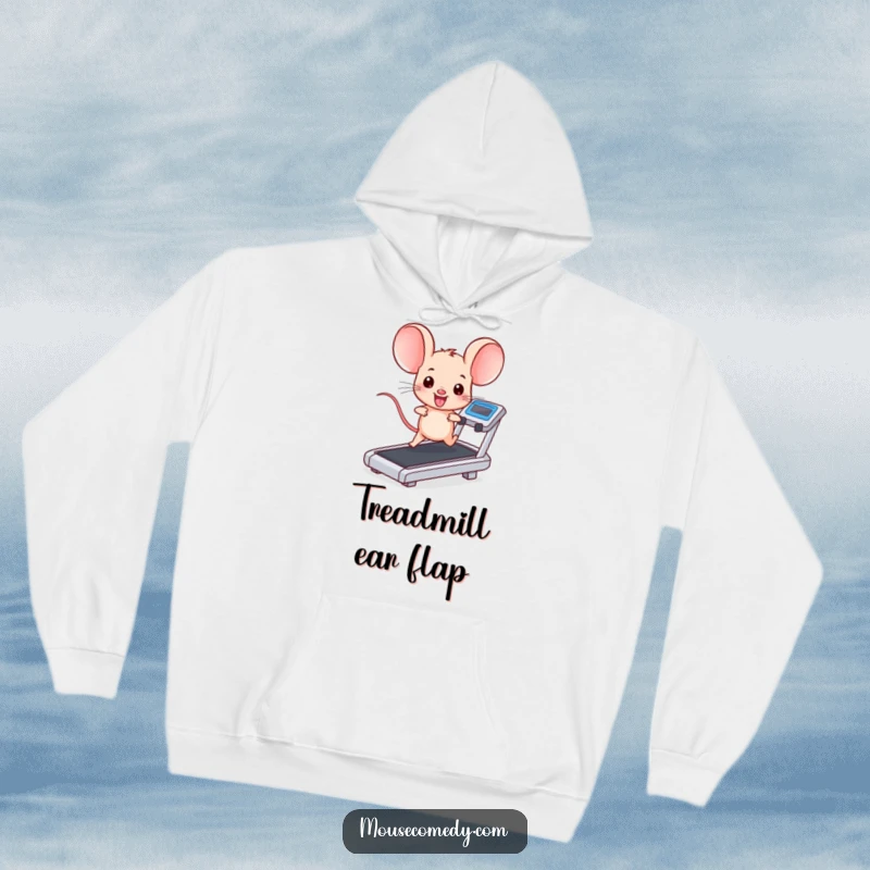 Funny kawaii mouse with large ears, running on a treadmill, looking determined. A cozy and funny gift for warmth.