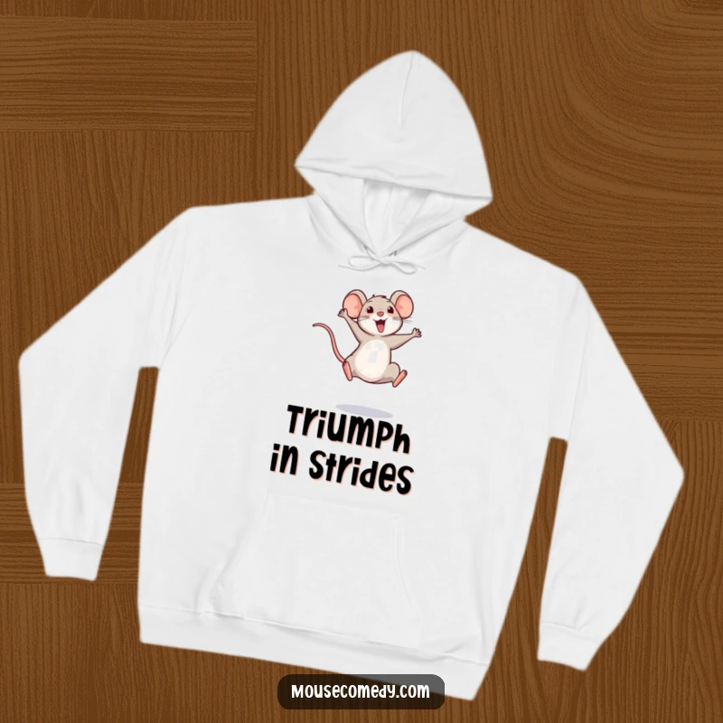 Funny hoodie design of a small mouse captured in a joyous, triumphant leap, tail held high, symbolizing success.