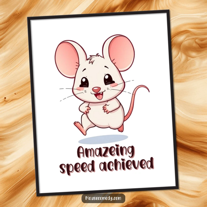 Funny Free Printable Wall Art: Energetic kawaii mouse with oversized ears running with pure joy.
