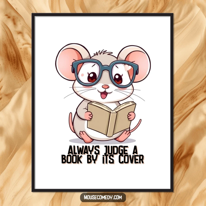 Funny Free Printable Wall Art: A cute kawaii mouse wearing oversized glasses, engrossed in reading a tiny book.