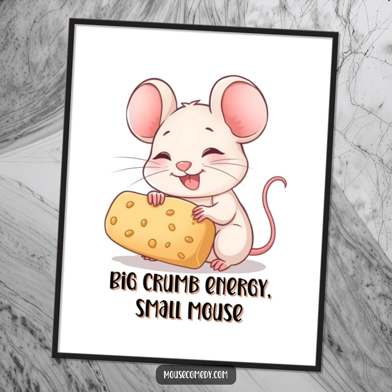 Funny Free Printable Wall Art: A joyful mouse with twitching whiskers proudly holds a large crumb.