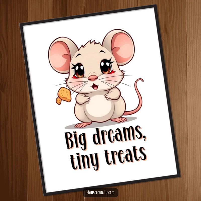Funny Free Printable Wall Art: A mouse with wide, innocent eyes looking in utter surprise at a floating, sparkling crumb. Adorable animal art.