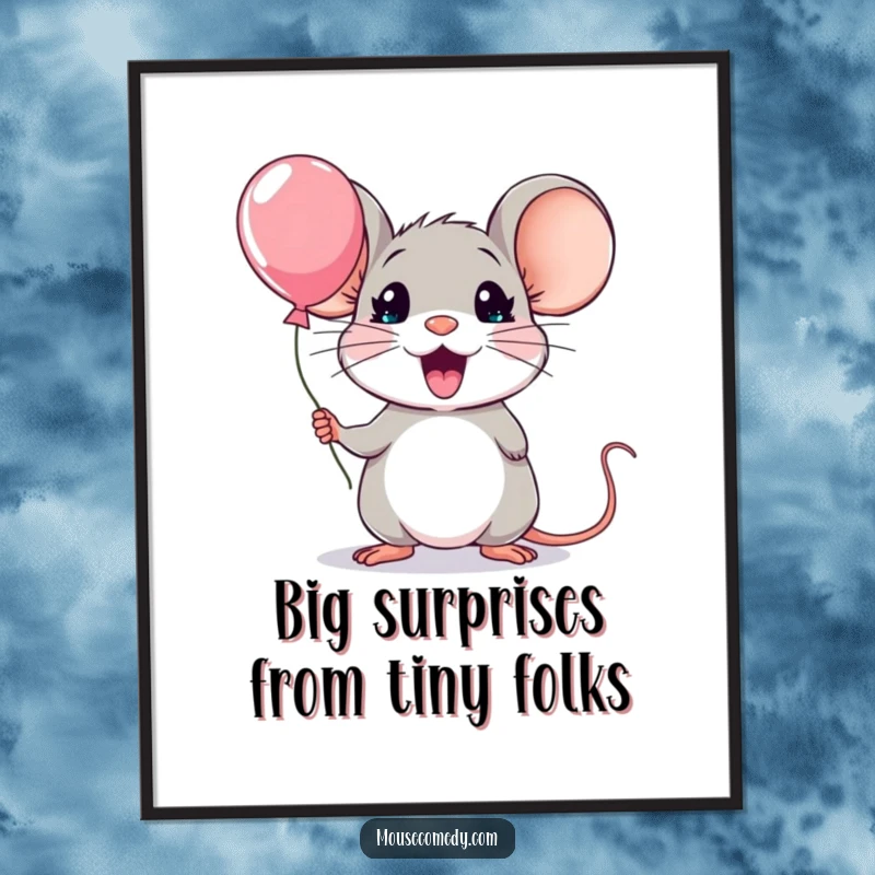 Funny Free Printable wall art of a kawaii mouse with exaggerated surprise, clutching a comically small, minuscule balloon.