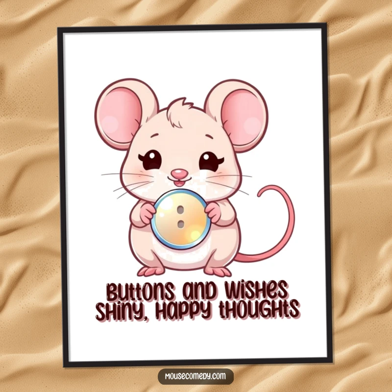 Funny free printable wall art depicting a kawaii mouse giving a charming wink while holding out a small, sparkling button.