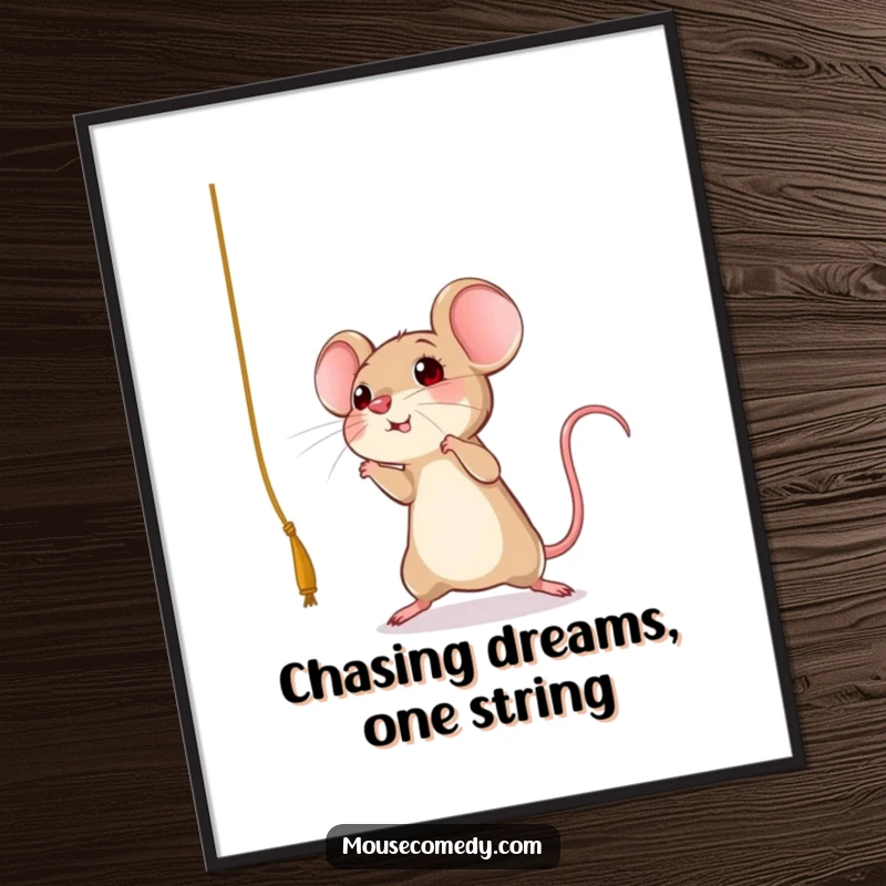 Funny free printable wall art of a mouse caught mid-air, playfully leaping towards a dangling string with abandon.