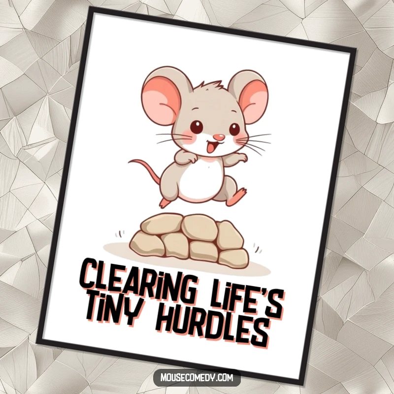 Funny Free Printable Wall Art: A small mouse makes an impressive leap over a tiny obstacle with joy.