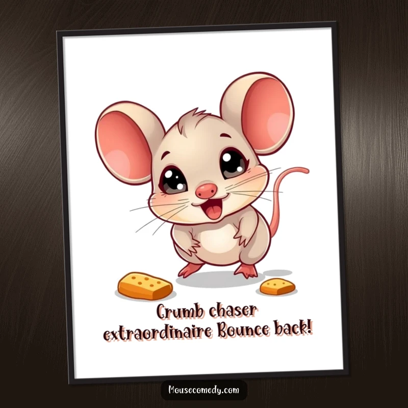 Funny free printable wall art: a delighted mouse with wide, sparkling eyes enthusiastically chases a bouncing crumb.