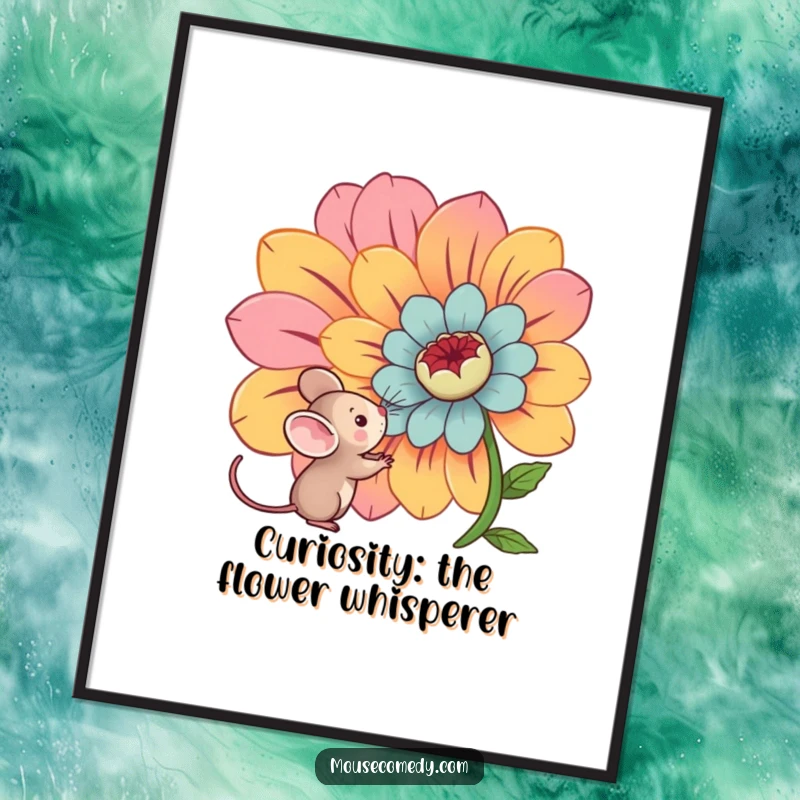 Funny free printable wall art featuring a kawaii mouse curiously examining a huge, brightly colored flower, bringing charm to any room.