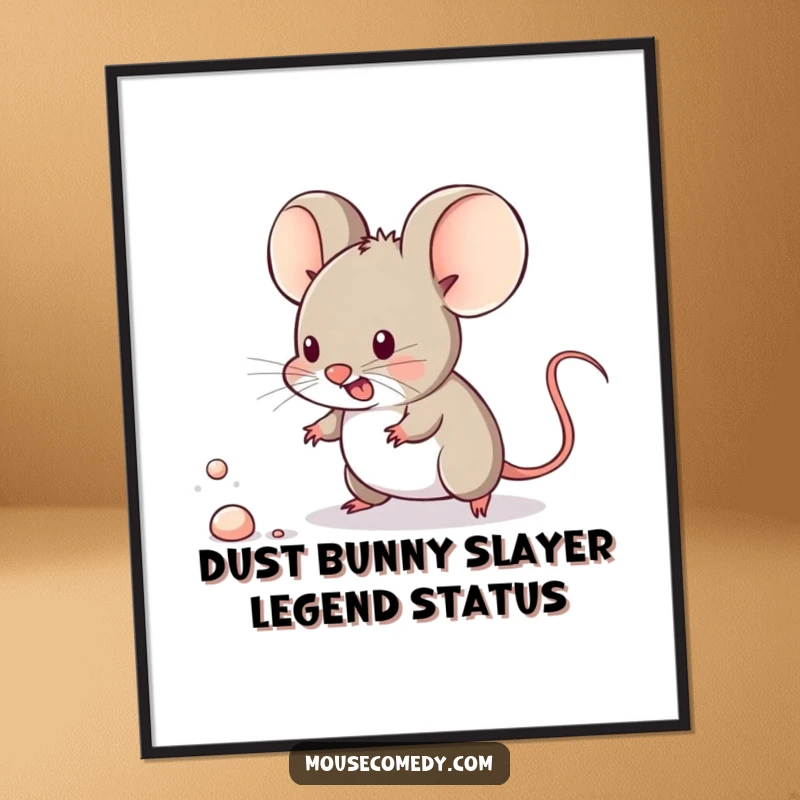 Funny free printable wall art: A determined kawaii mouse enthusiastically chasing a tiny, elusive speck of dust. So funny!