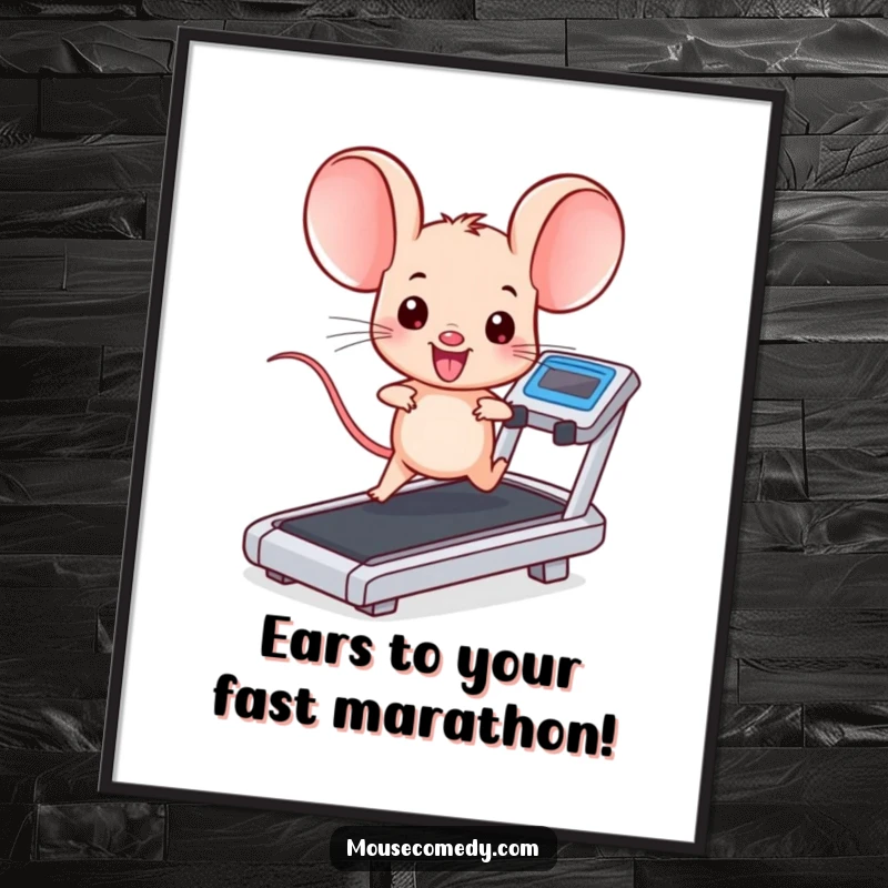 Funny free printable wall art of a kawaii mouse with enormous ears, joyfully running on a treadmill, inspiring humor.