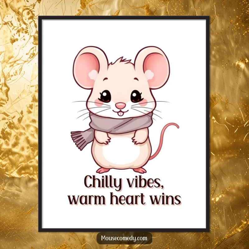 Funny free printable wall art: A kawaii mouse bundled in a tiny scarf, looking chilly but incredibly happy. So cute!