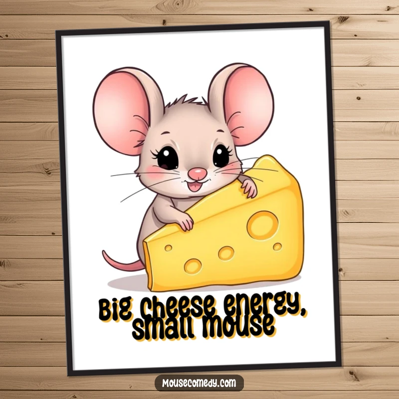 Funny free printable wall art: a tiny mouse with oversized ears joyfully holds a huge block of cheese.