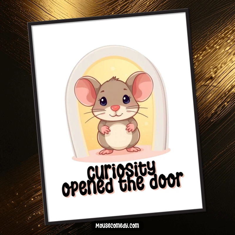 Funny free printable wall art: a curious mouse peeks out from a miniature, brightly glowing doorway.
