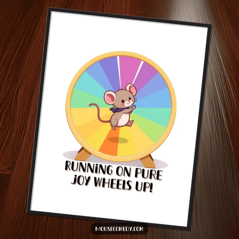 Funny free printable wall art: a playful mouse speeds around a giant, rainbow-colored hamster wheel.
