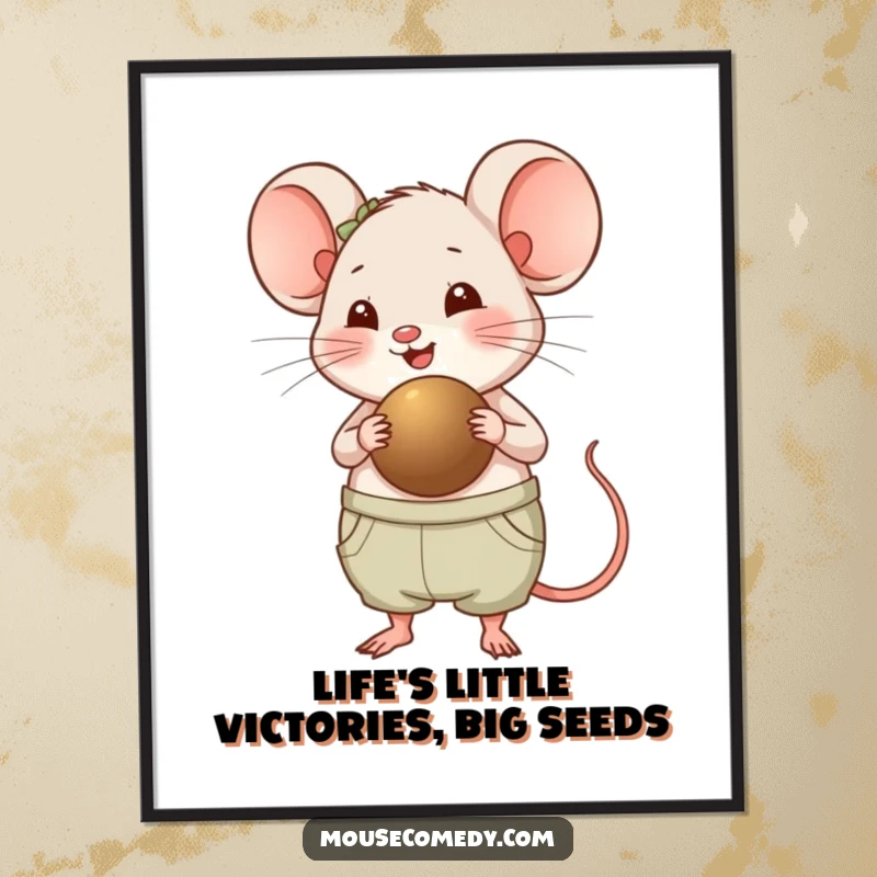 Funny free printable wall art: A chubby mouse joyfully panting while carrying a very large seed.